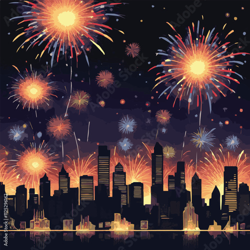 Crowd of people watching fireworks displaying in dark evening sky and celebrating holiday against city buildings. Festival celebration, pyrotechnics show. Flat cartoon colorful vector illustration.
