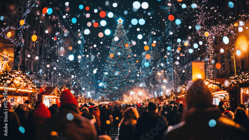 Crowd of people in street at night with Christmas lights decorations, large Christmas tree and market