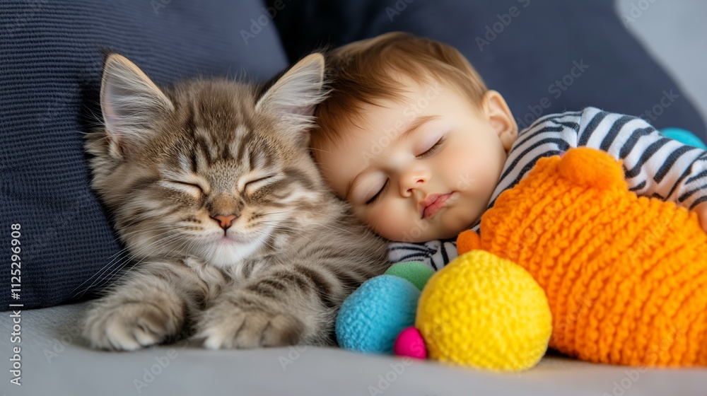Peaceful nap: baby and fluffy kitten sleeping together in cozy setting Peaceful nap: baby and fluffy kitten sleeping together in cozy setting