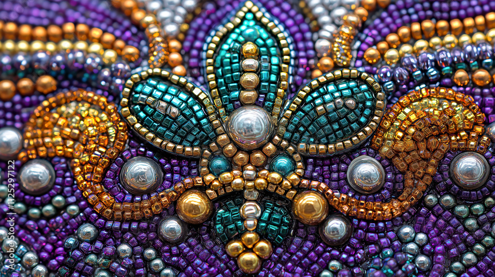 Intricate Beaded Embroidery Art: Vibrant Colors and Detailed Patterns in Textile Design. Mardi Gras decor Intricate Beaded Embroidery Art: Vibrant Colors and Detailed Patterns in Textile Design. Mardi Gras decor