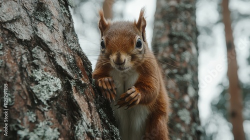 A red squirrel standing on its hind legs on a tree