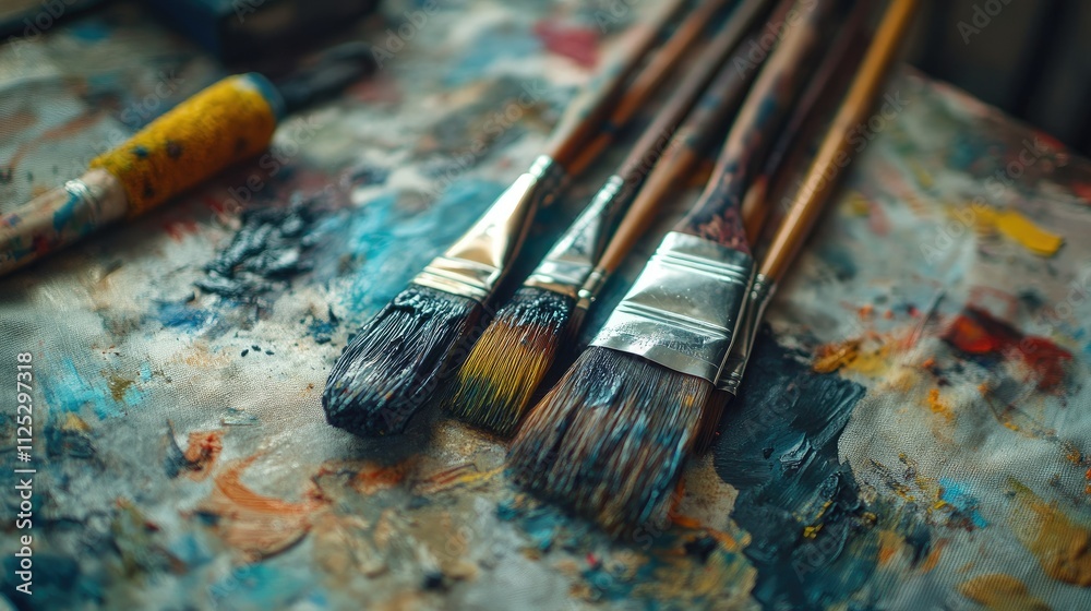 Fototapeta premium A set of paint brushes lying on a drop cloth, with paint rollers and other tools in the background