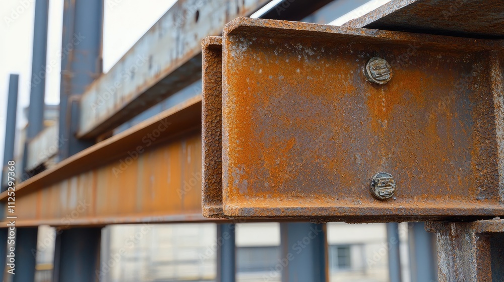 Close-up of a steel beam structure under construction, showcasing its robust iron composition. Close-up of a steel beam structure under construction, showcasing its robust iron composition.