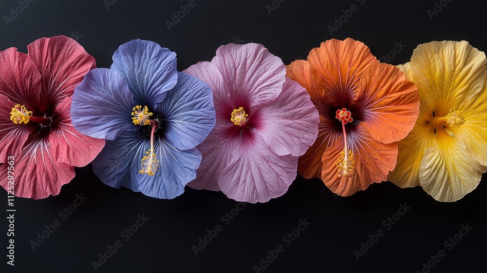 Fototapeta premium A row of colorful hibiscus flowers on a black background