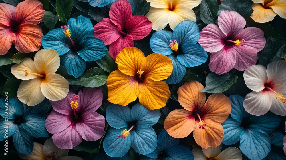 A bunch of colorful hibiscus flowers with green leaves A bunch of colorful hibiscus flowers with green leaves