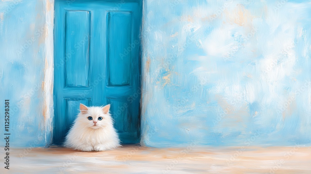 Obraz premium A white cat sitting in front of a blue door