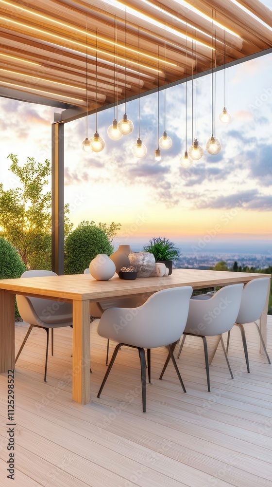 Fototapeta premium Chic Outdoor Dining Area with Sunset Backdrop