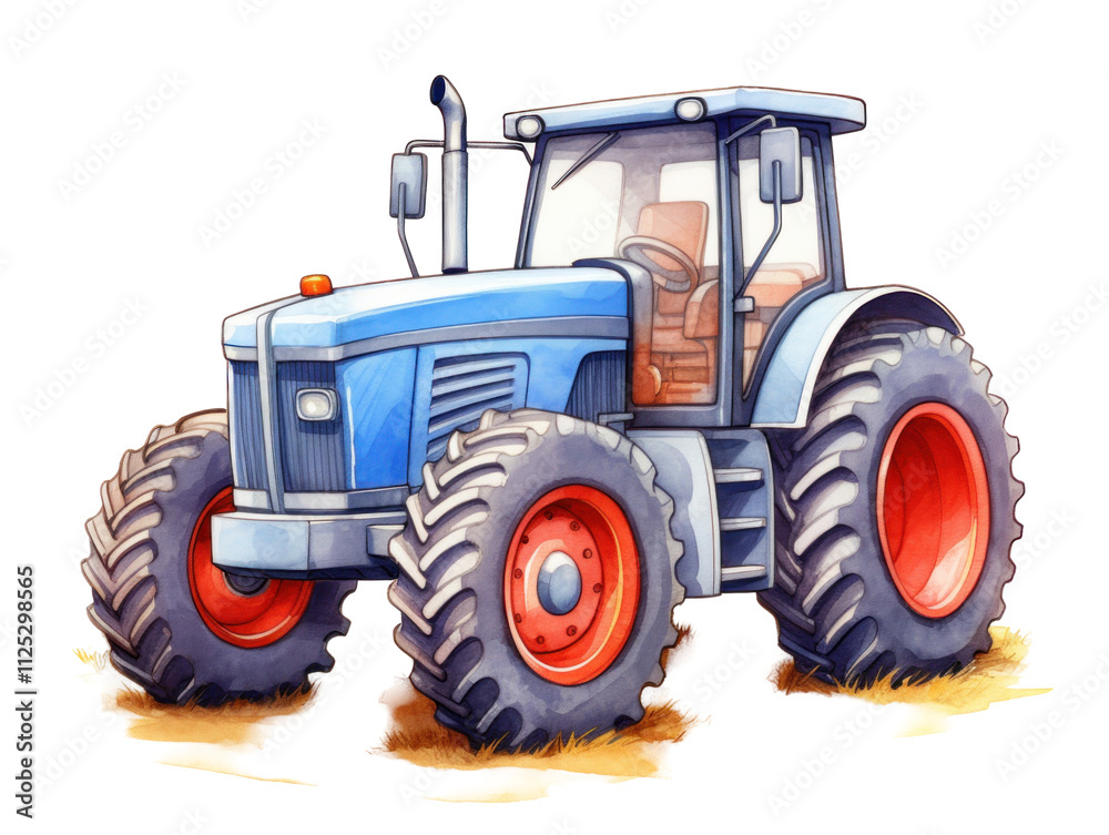 Blue Tractor in Farm Landscape Illustration Blue Tractor in Farm Landscape Illustration