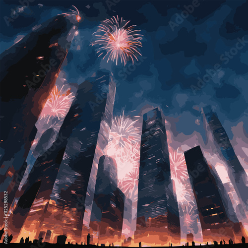 Crowd of people watching fireworks displaying in dark evening sky and celebrating holiday against city buildings. Festival celebration, pyrotechnics show. Flat cartoon colorful vector illustration.