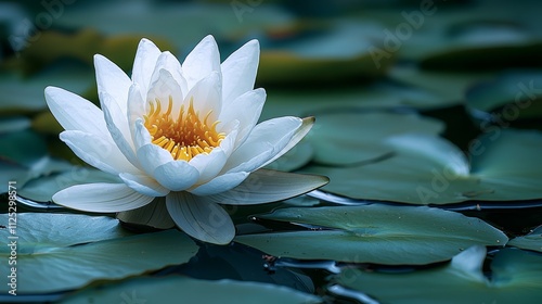 A white water lily floating on top of a pond filled with green leaves