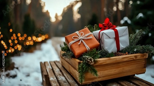 Charming winter gift display forest clearing seasonal decor snowy environment close-up view holiday spirit