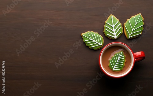 holiday cookies themes. Decorated holiday cookies paired with a steaming cup of hot cocoa, holiday cookies, comforting winter indulgence photo