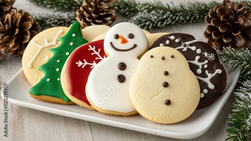 holiday cookies themes. Holiday cookie platter featuring stars, trees, and snowmen, surrounded by pine cones, holiday cookies, celebratory dessert spread