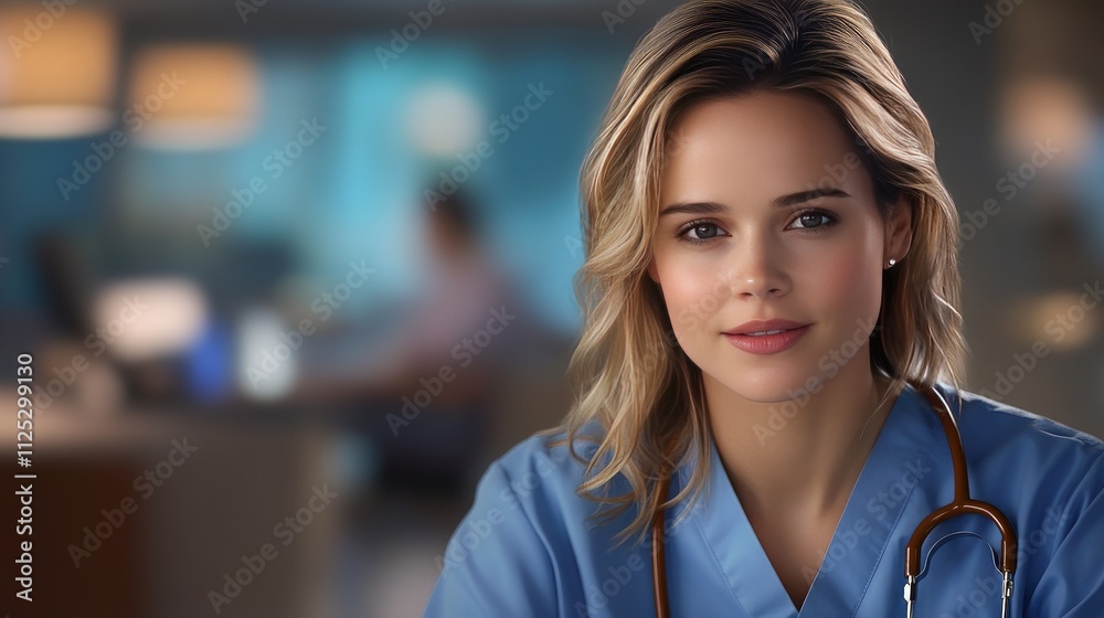 Blonde nurse in blue scrubs smiles brightly while holding stethoscope in a bustling emergency room filled with activity Blonde nurse in blue scrubs smiles brightly while holding stethoscope in a bustling emergency room filled with activity