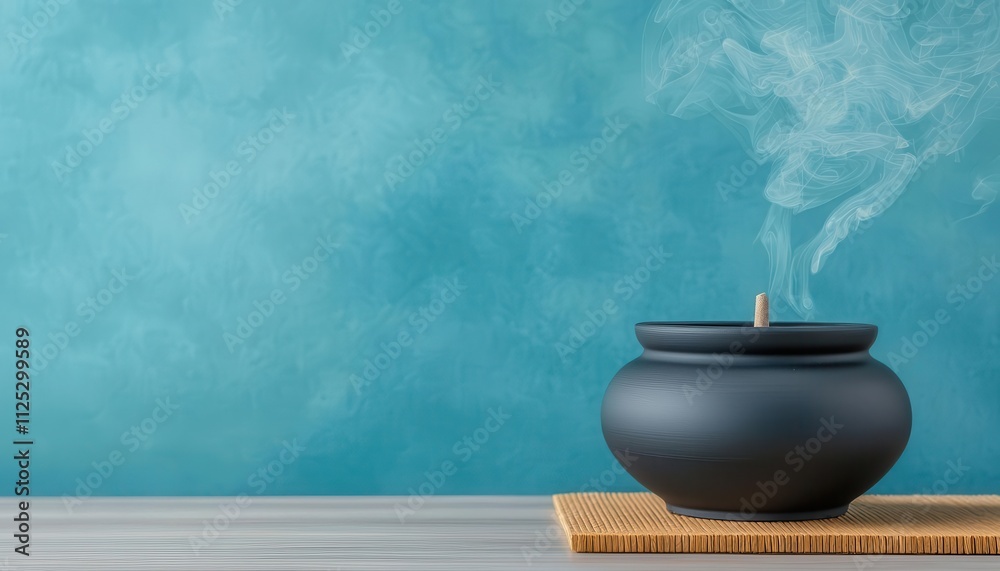 incense pot concept. Close-up of incense pot in a yoga studio, with smoke enhancing the serene atmosphere, incense incense pot, peaceful space accessory incense pot concept. Close-up of incense pot in a yoga studio, with smoke enhancing the serene atmosphere, incense incense pot, peaceful space accessory