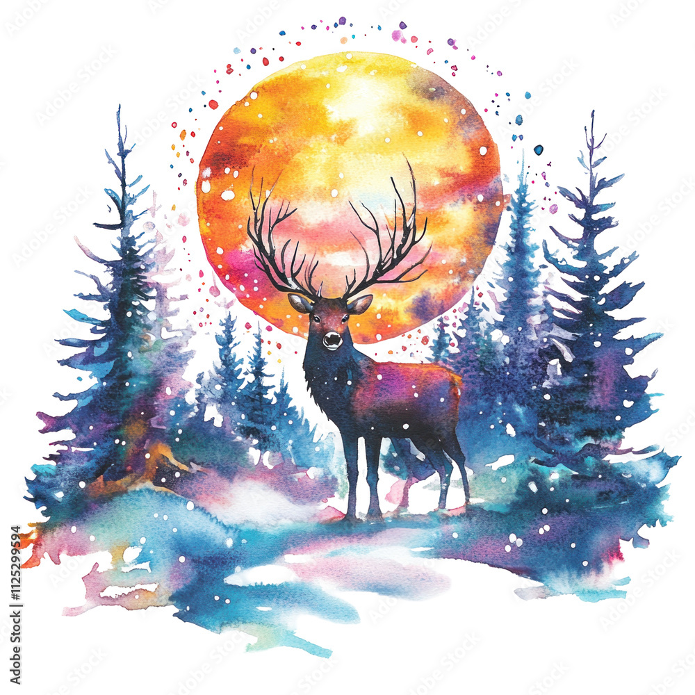 Majestic Deer Under a Full Moon in a Winter Landscape