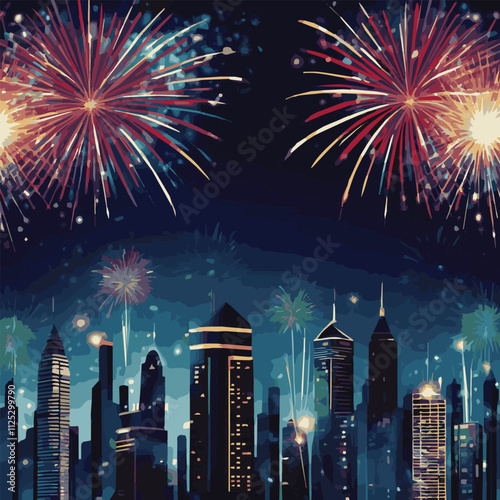 Crowd of people watching fireworks displaying in dark evening sky and celebrating holiday against city buildings. Festival celebration, pyrotechnics show. Flat cartoon colorful vector illustration.
