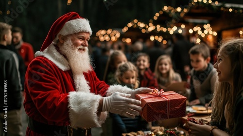 Santa joyfully distributing gifts to excited children at a festive holiday gathering in a charming winter wonderland setting