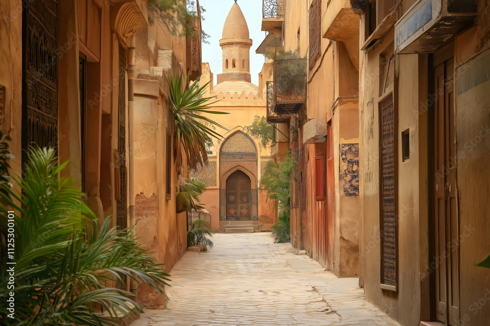 Fototapeta premium Exploring a narrow street with vibrant plants and old houses leads to a magnificent mosque in an ancient city, showcasing traditional charm and Islamic heritage
