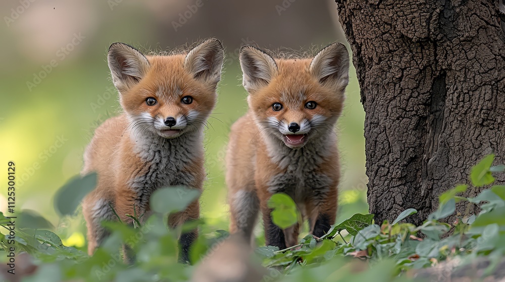 Obraz premium Two young foxes standing next to a tree in the woods