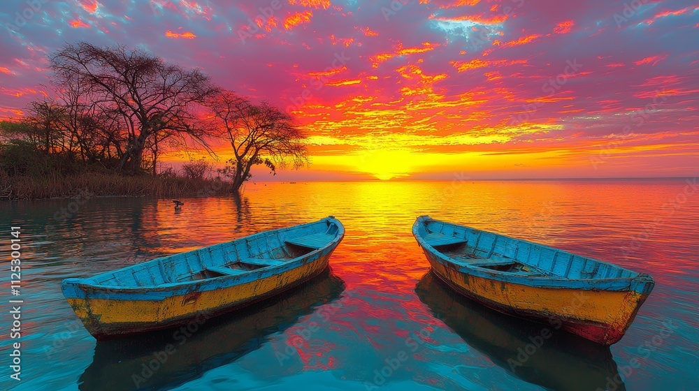 Two small boats sitting in the middle of a body of water at sunset Two small boats sitting in the middle of a body of water at sunset