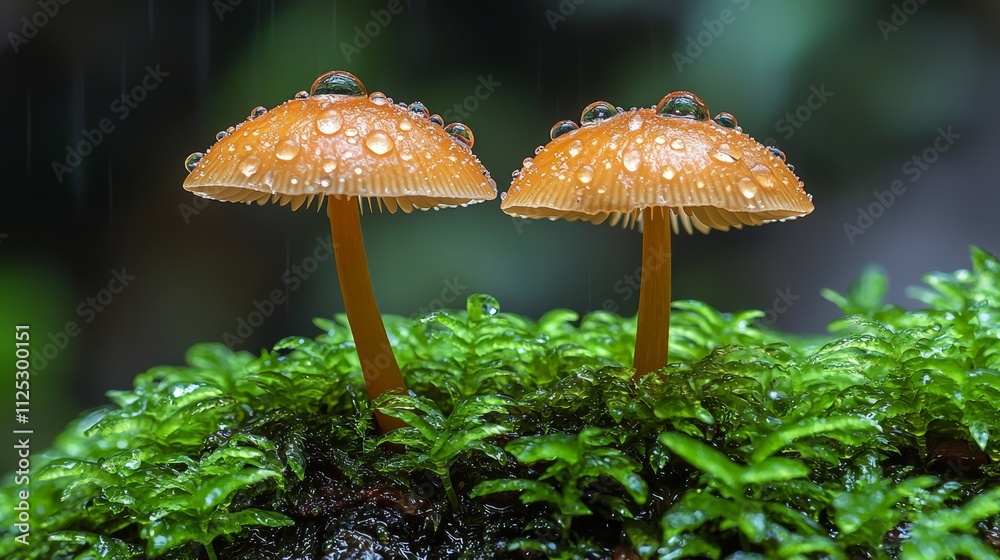 Fototapeta premium A couple of orange mushrooms sitting on top of a moss covered ground