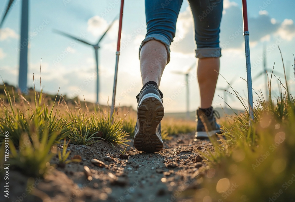Hiker walking on dirt road by wind turbines during sunset Hiker walking on dirt road by wind turbines during sunset
