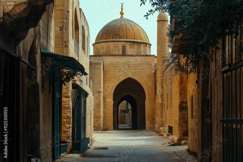 Stunning view of a traditional Islamic mosque with a golden dome and minaret, located at the end of a narrow street in an old city photo