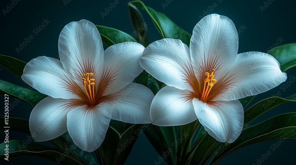 Fototapeta premium Two white flowers with green leaves on a dark background