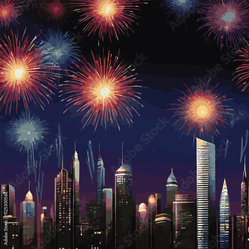 Crowd of people watching fireworks displaying in dark evening sky and celebrating holiday against city buildings. Festival celebration, pyrotechnics show. Flat cartoon colorful vector illustration.