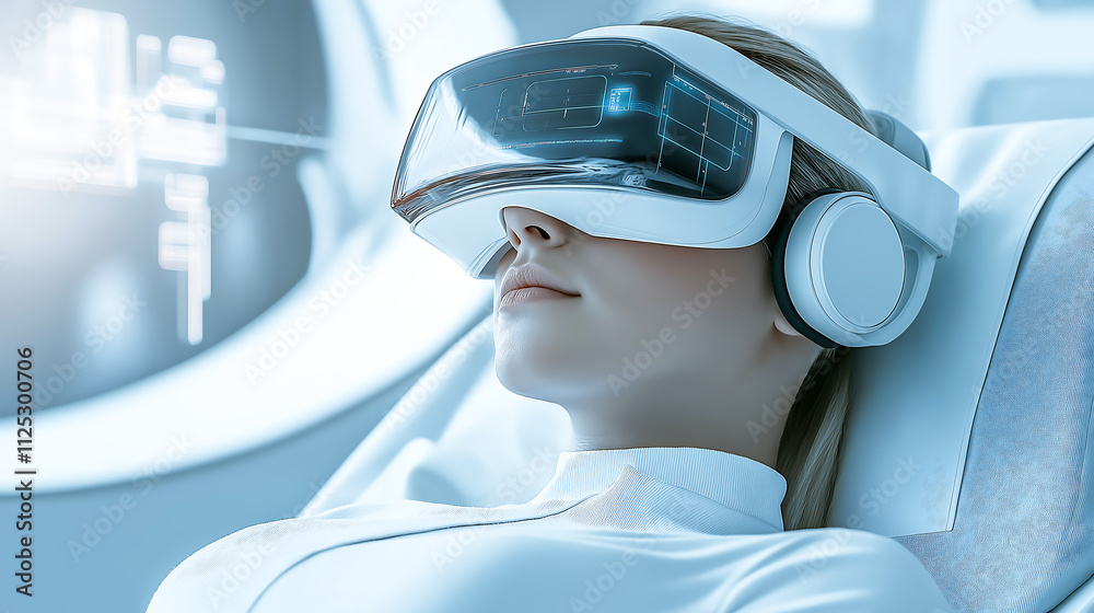 A young woman wearing hight tech VR headset in futuristic medical