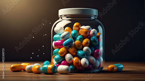 Dynamic Scene Of Pills Tumbling Out A Jar Perfect For Representing Medicine Health Care Or Pharmaceutical Themes In Creative Projects Background photo