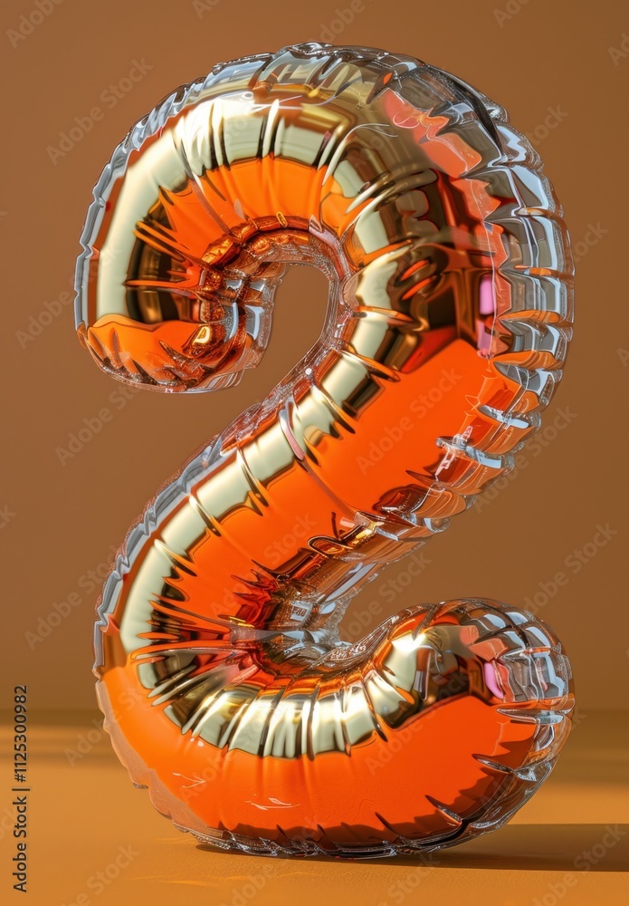 Golden Balloon Number Two: A glossy, metallic, gold balloon shaped as the number two, isolated on a vibrant orange background. The balloon's reflective surface catches the light beautifully. Golden Balloon Number Two: A glossy, metallic, gold balloon shaped as the number two, isolated on a vibrant orange background. The balloon's reflective surface catches the light beautifully.