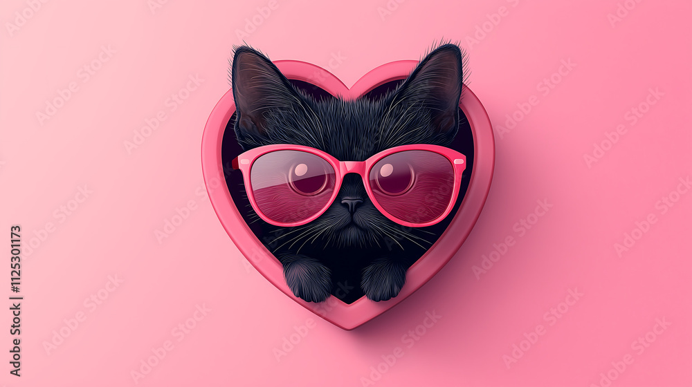 Fototapeta premium cute black kitten wearing pink sunglasses sits inside a pink heartshaped box against a pink background Valentines Day themed image