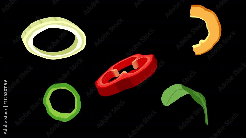 Set of animated vegetable food elements. Sliced cartoon pepper, paprika, onion, green leaf on a transparent alpha channel. 3d rotation, loop. Set of animated vegetable food elements. Sliced cartoon pepper, paprika, onion, green leaf on a transparent alpha channel. 3d rotation, loop.
