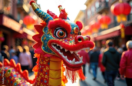 Banner. A man dressed as a Chinese dragon walks through a Chinese New Year festival among many people. 