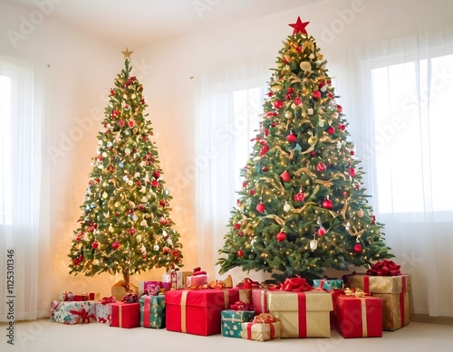 Christmas tree and gifts in the modern decorated living room with sofa and day light room Christmas celebration day