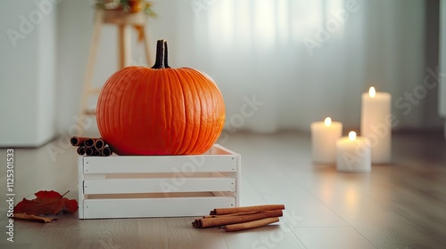 A single bright orange pumpkin sitting on a white crate, with cinnamon sticks and candles nearby photo