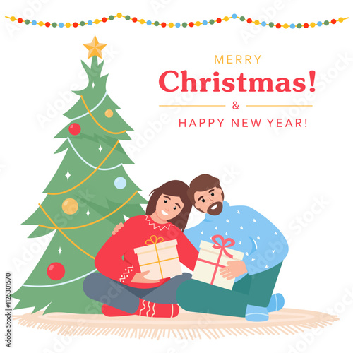 Merry Christmas greeting card or banner. Happy man and woman with gifts near Christmas tree. Giving gifts for Christmas concept. Happy holiday congratulations. Vector illustration.