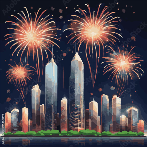 Crowd of people watching fireworks displaying in dark evening sky and celebrating holiday against city buildings. Festival celebration, pyrotechnics show. Flat cartoon colorful vector illustration.