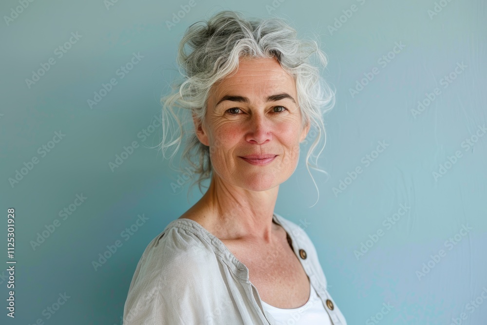 Portrait of a blissful caucasian woman in her 60s wearing a simple cotton shirt while standing against pastel blue background
