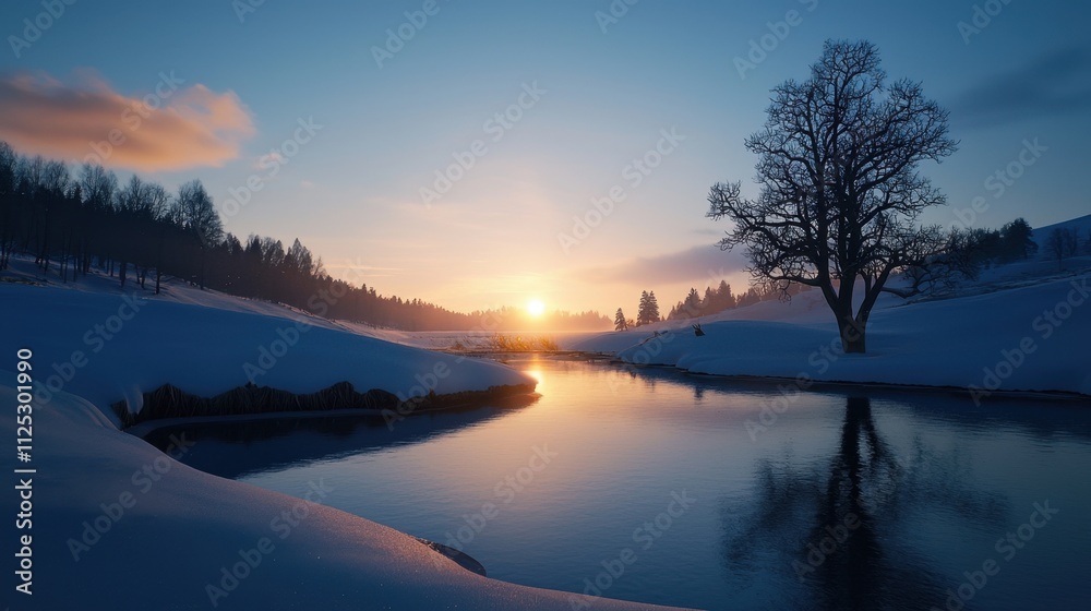 Fototapeta premium A beautiful winter scene with a tree in the foreground