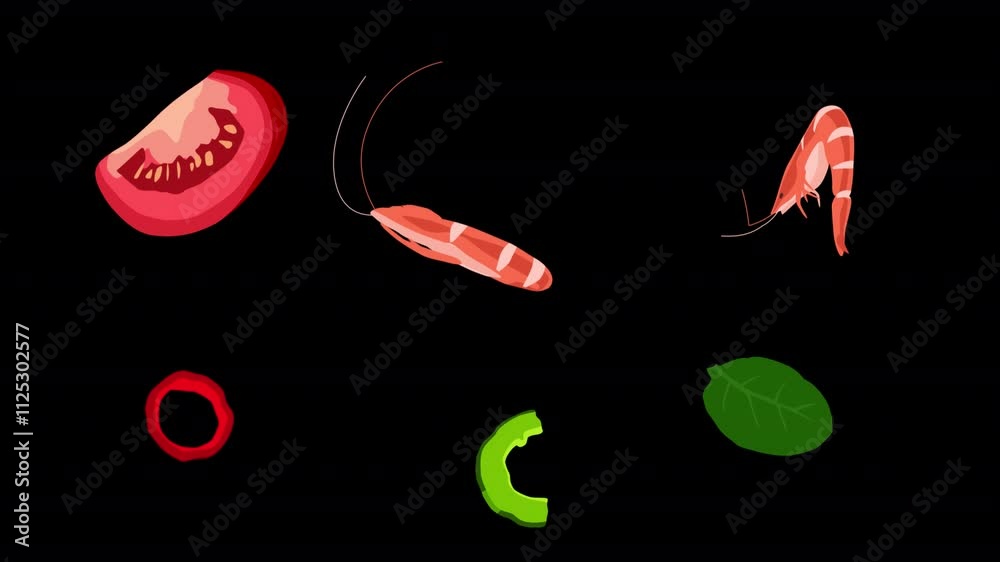 Loop cartoon animation of food elements rotating in 3d space. Shrimp ...