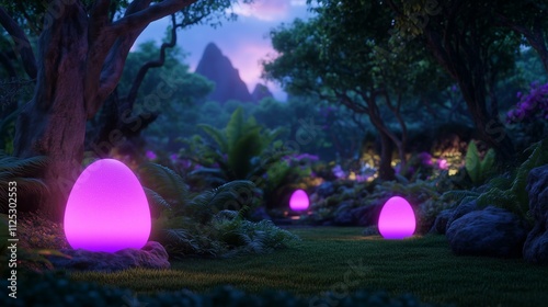 Glowing fantasy eggs in enchanted forest setting at dusk photo