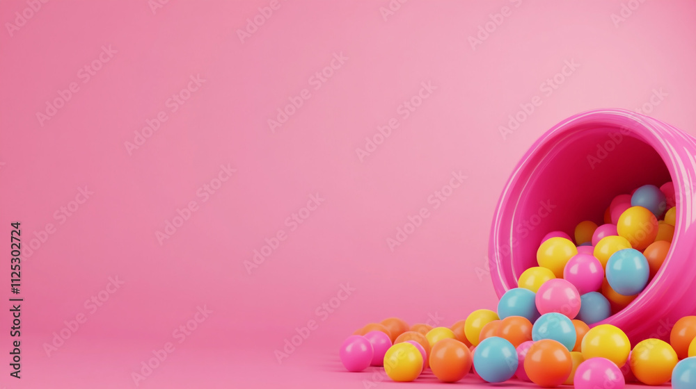 Obraz premium Colorful Balls Spilling from Pink Container Fun Playful Kids Toys Background