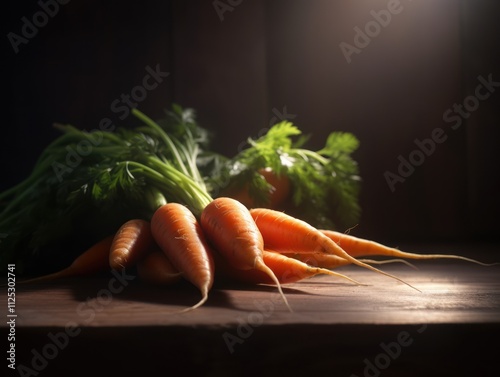 bunch carrots on a wooden table light from behind photo