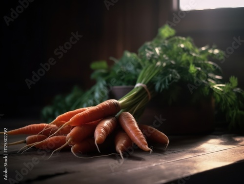 bunch carrots on a wooden table light from behind photo