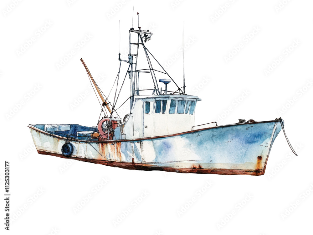 Naklejka premium Rustic Fishing Boat Watercolor Illustration