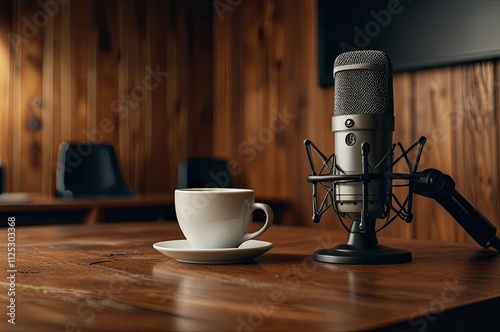 Home studio podcast interior. Microphone on air lamp on the table, close-up