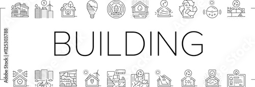 green building city eco office icons set vector. energy tree, modern esg, nature friendly, architecture carbon, business, corporate green building city eco office black contour illustrations